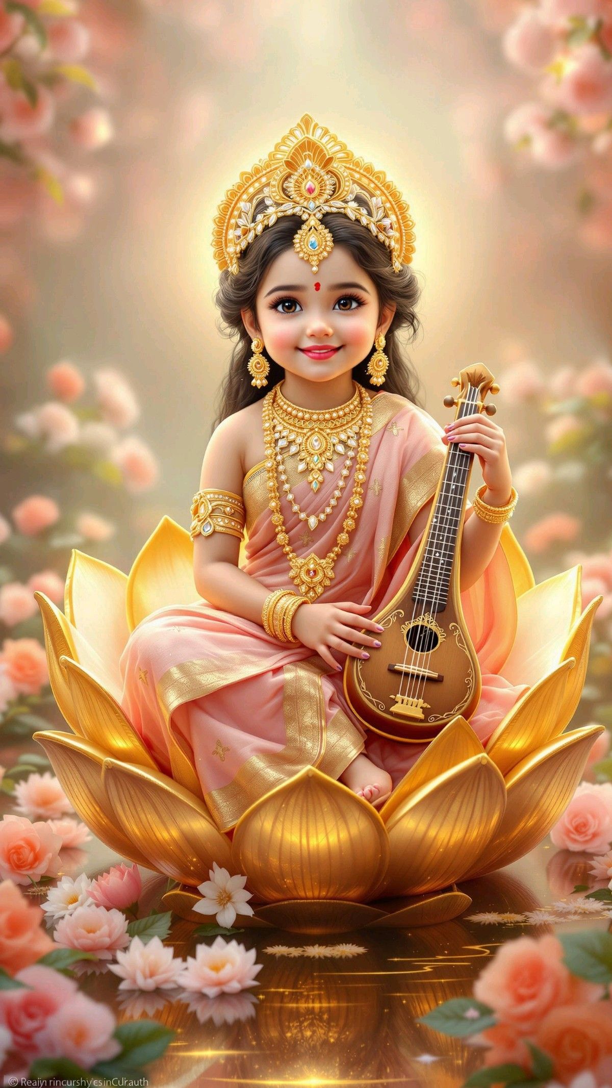 Saraswati Maa playing Veena on Lotus