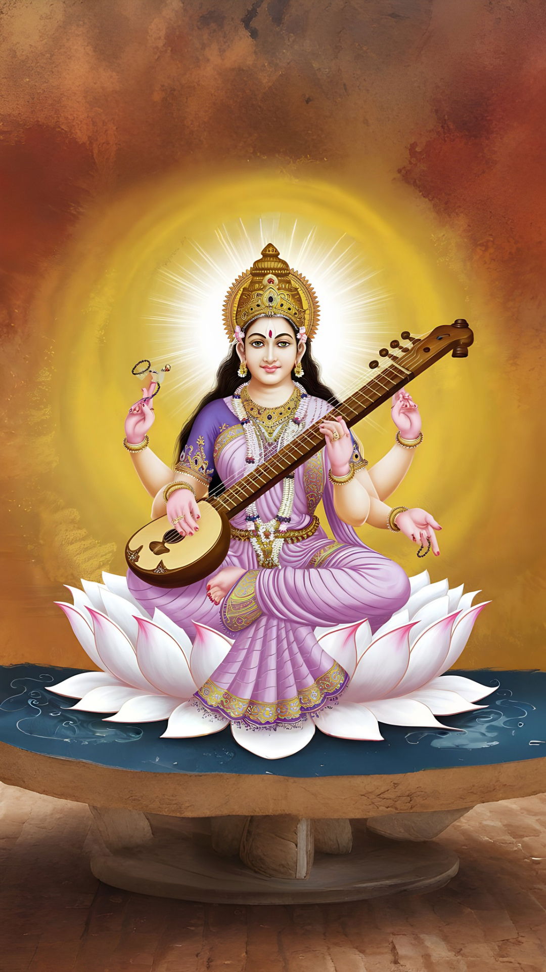 Saraswati Maa playing the veena on lotus