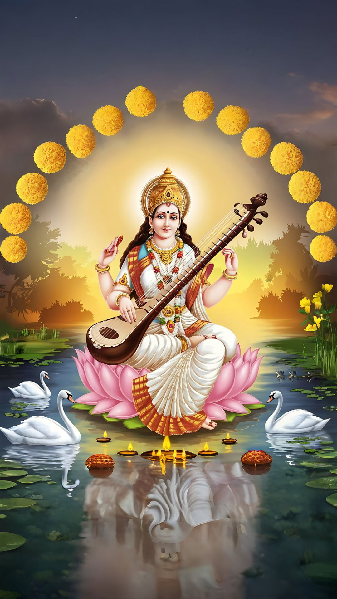 Saraswati Maa playing the veena on lotus