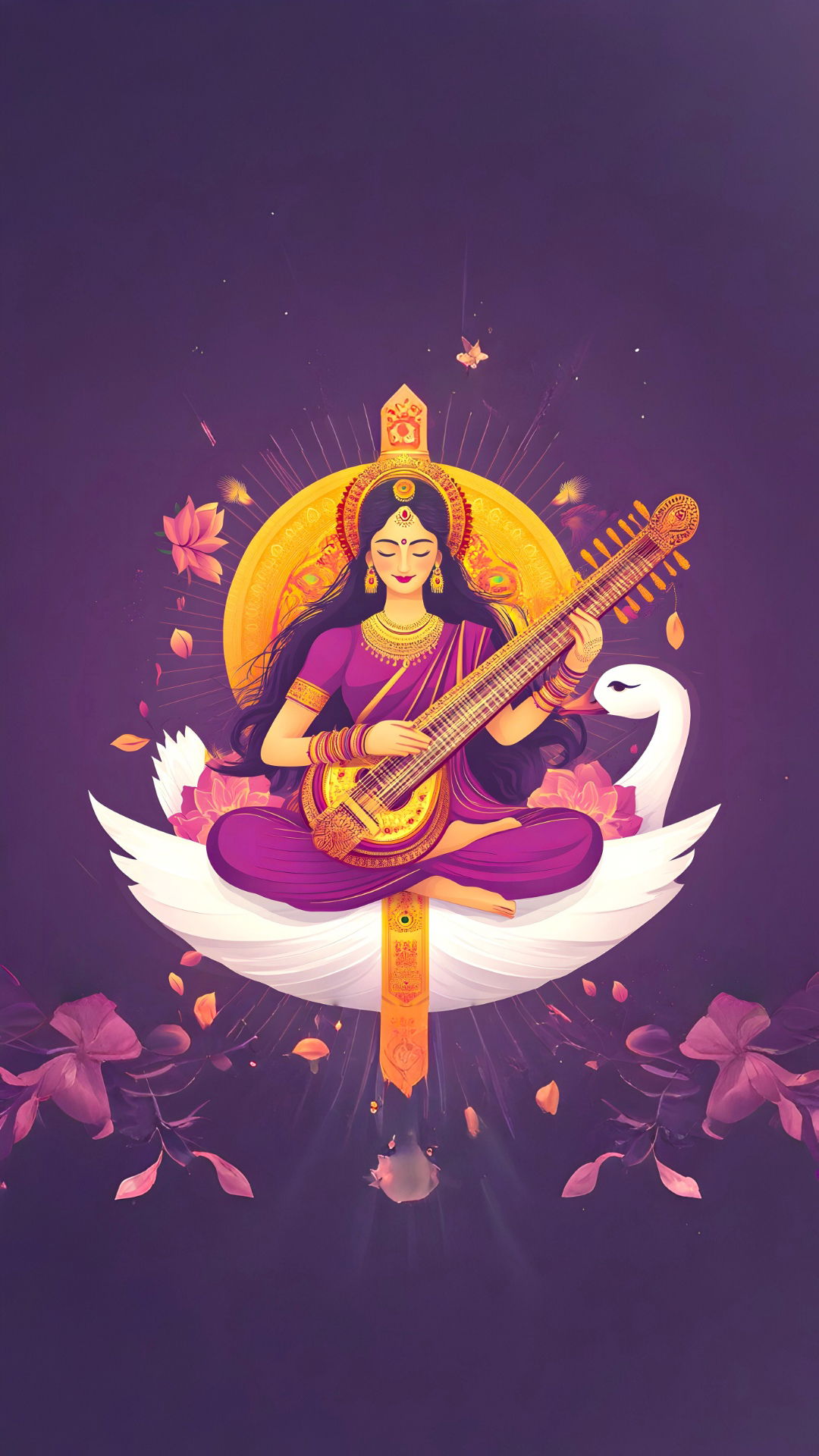 Saraswati Maa plays the Veena with swan.