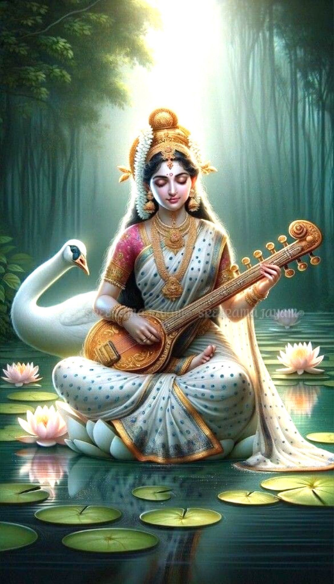 Saraswati Maa with veena and swan.