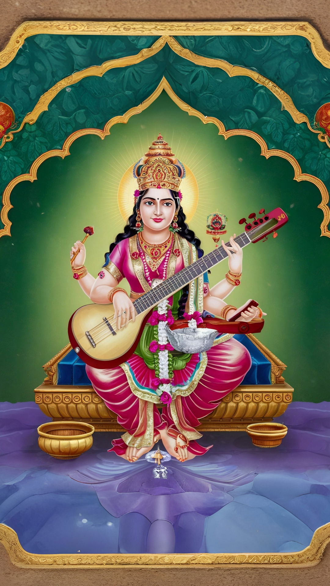 Saraswati Maa playing the veena, divine image.