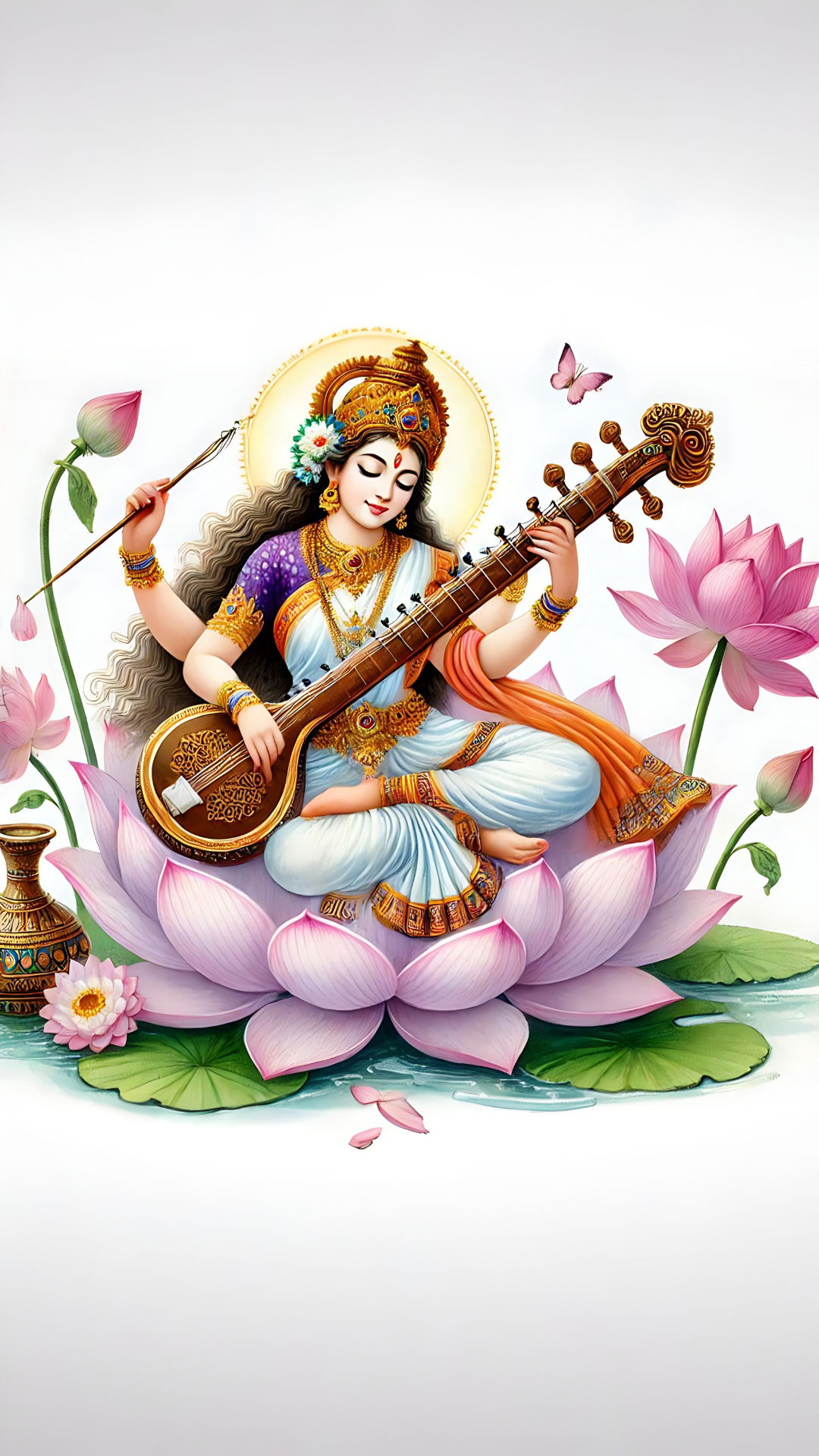 Saraswati Maa playing the veena on lotus