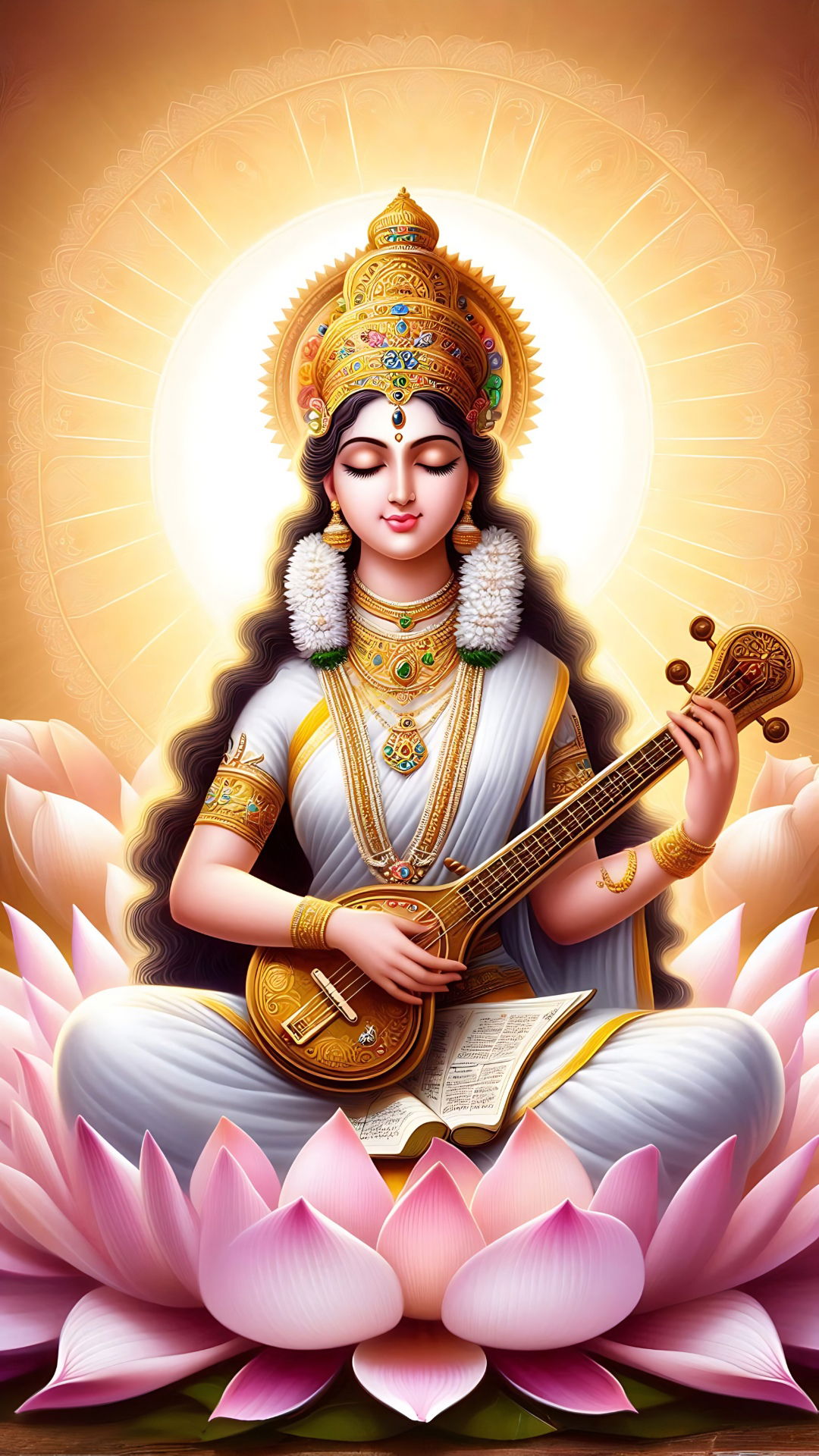 Saraswati Maa playing the veena on lotus