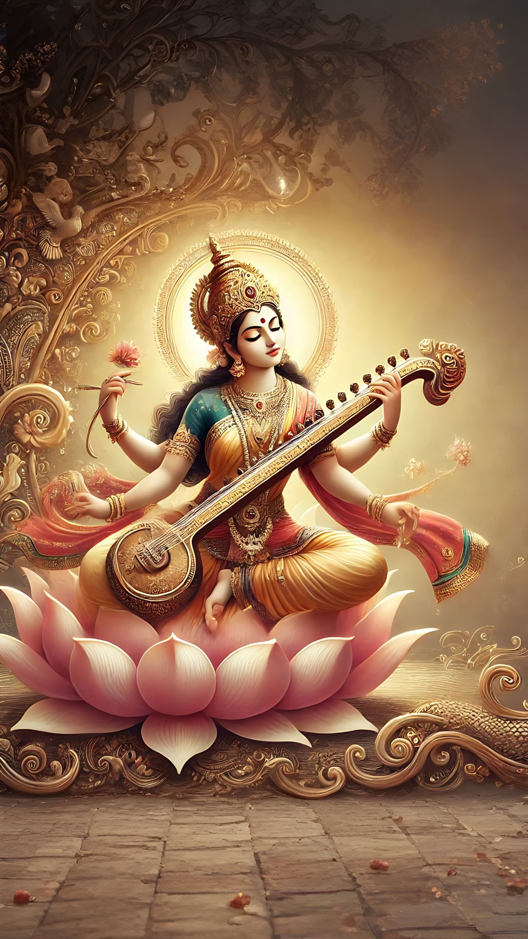 Saraswati Maa playing the veena on lotus