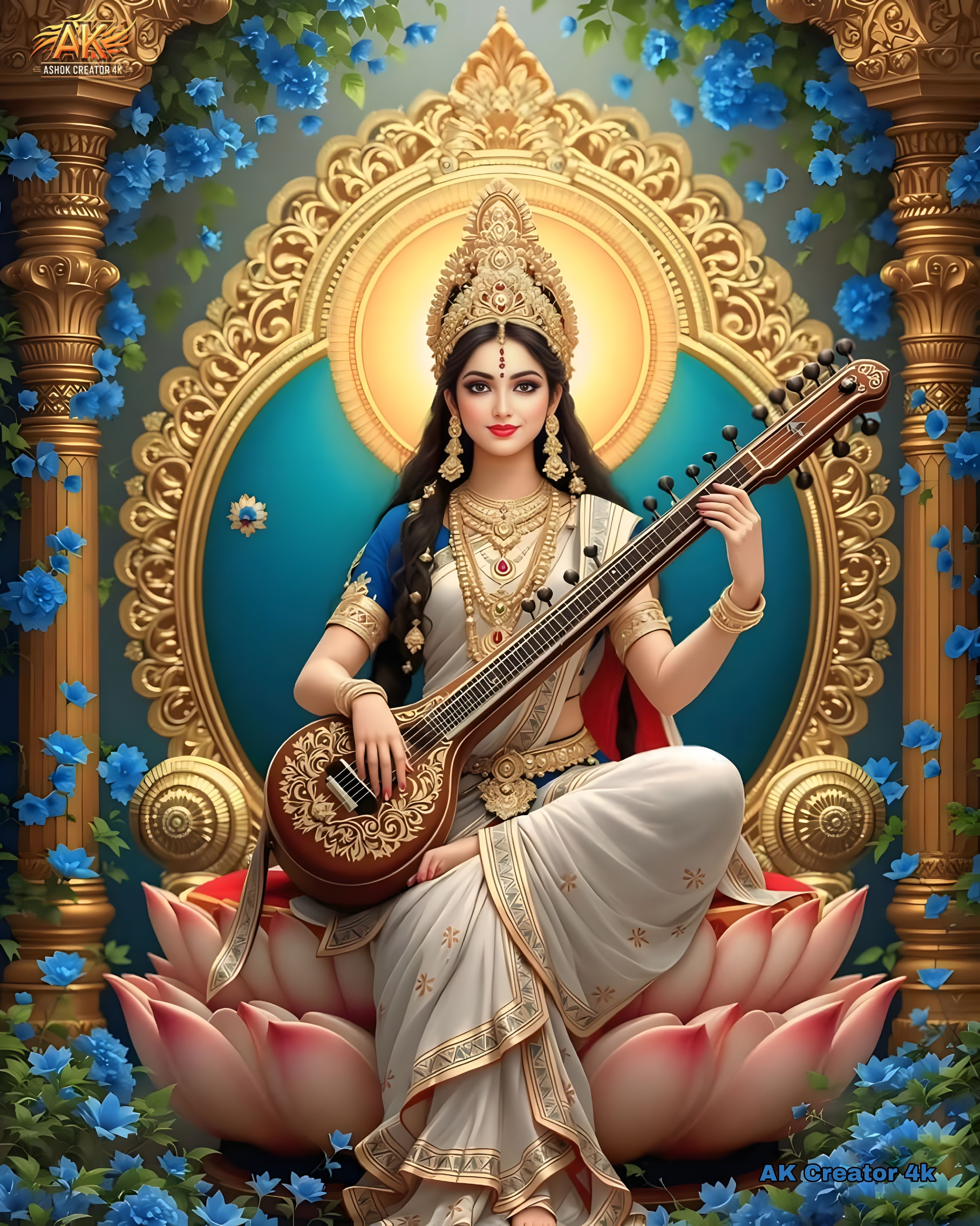 Goddess Saraswati playing the veena.