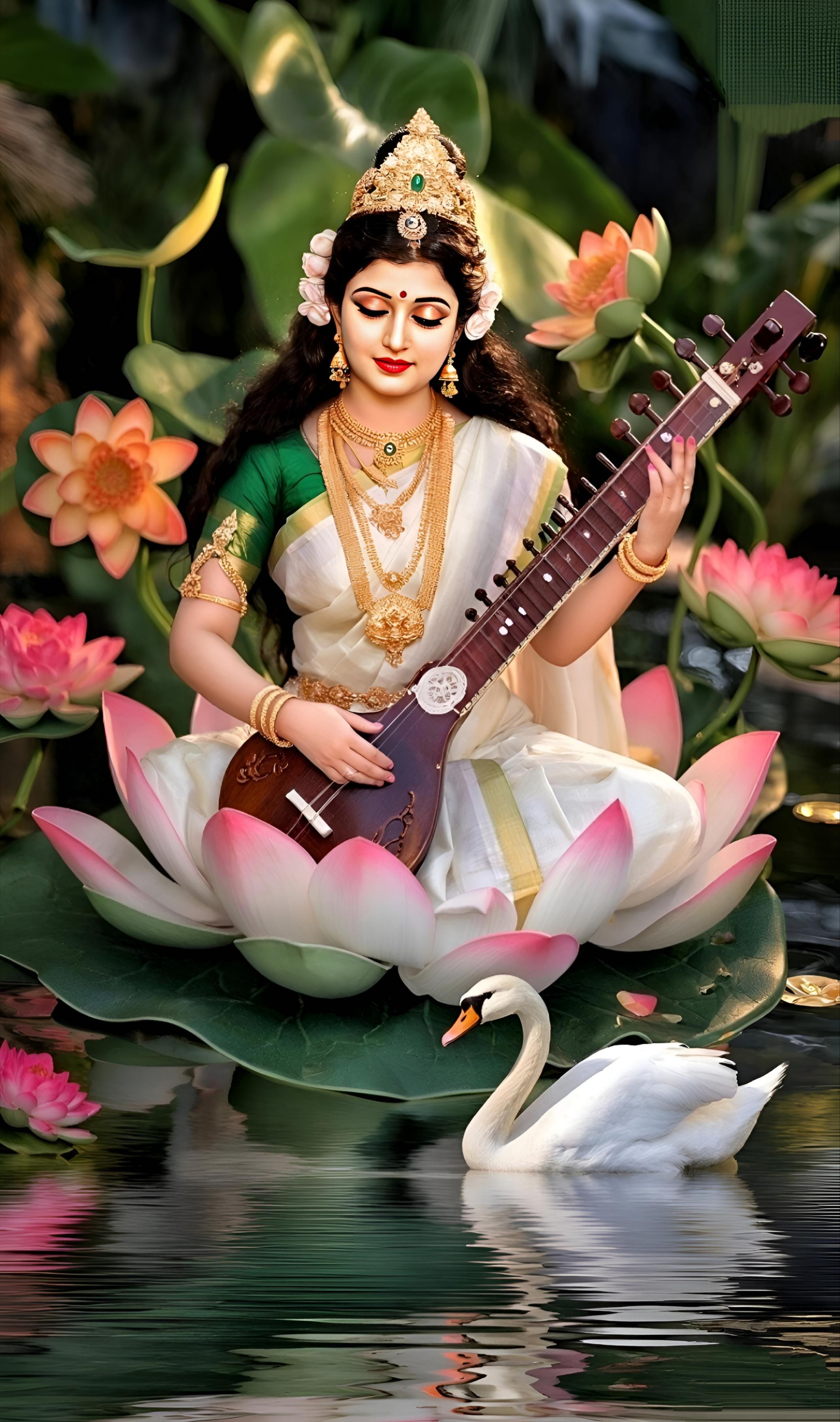 Saraswati Maa playing veena on lotus
