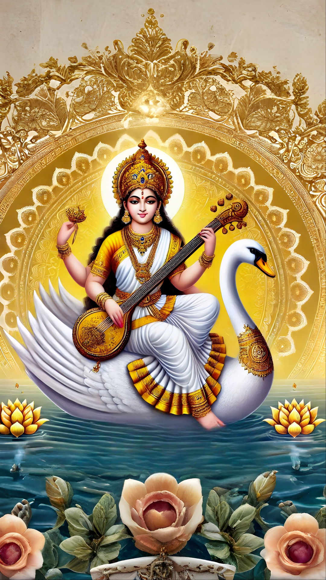 Saraswati Maa playing veena on swan