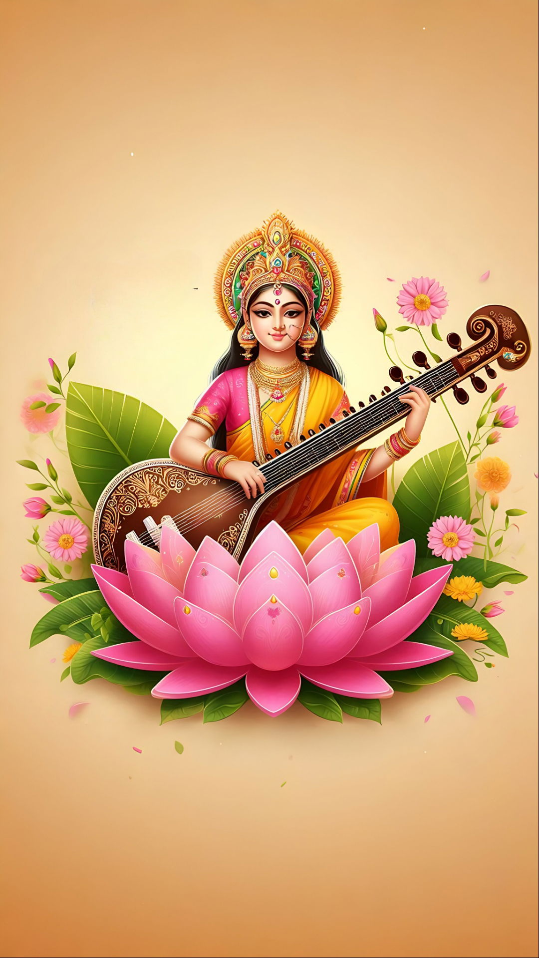Saraswati Maa playing the veena on lotus.