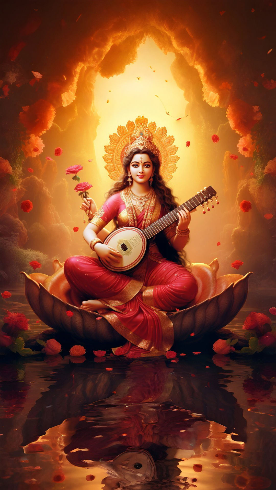 Saraswati Maa playing the veena on lotus