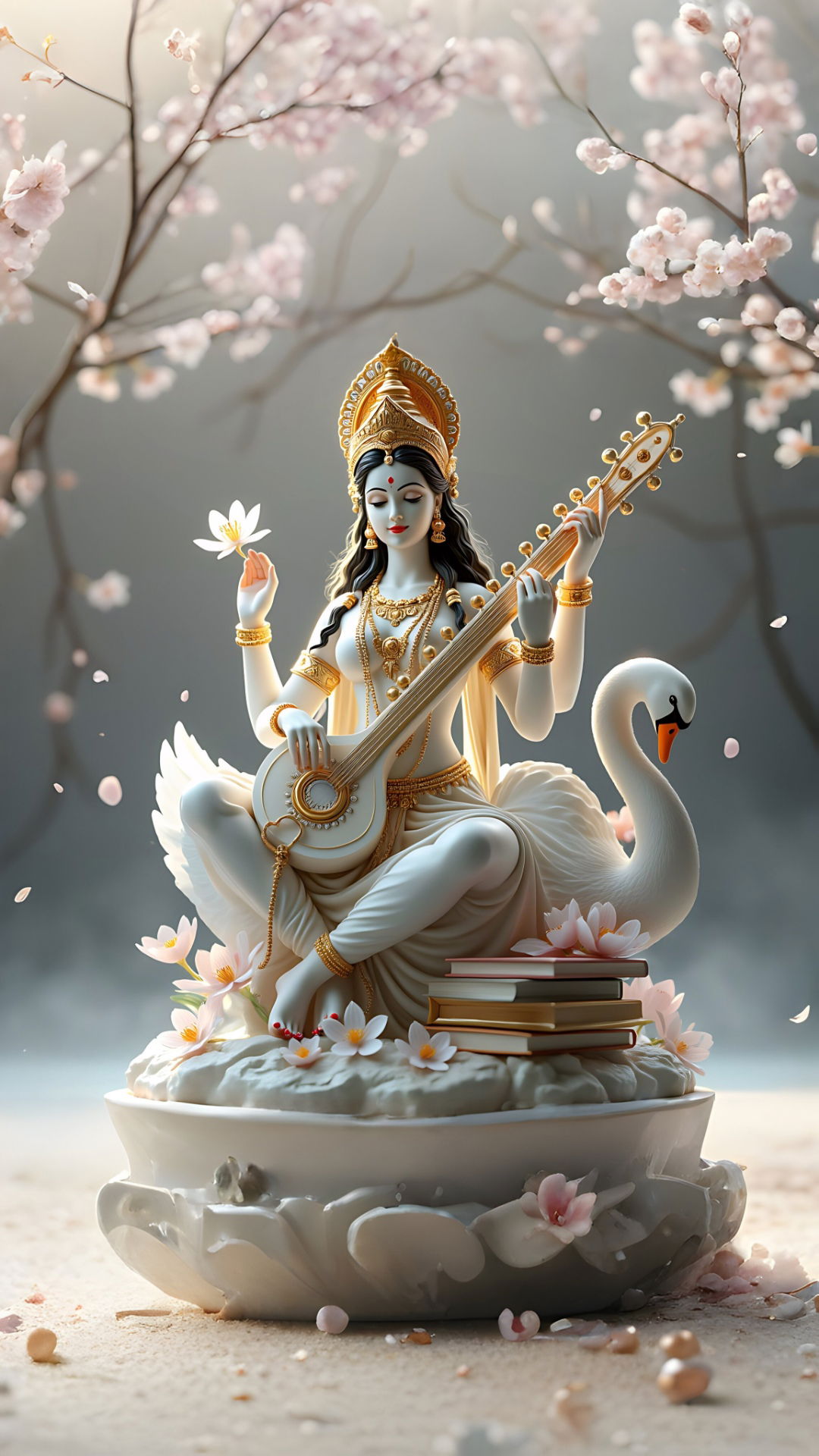 Saraswati Maa playing the veena with lotus