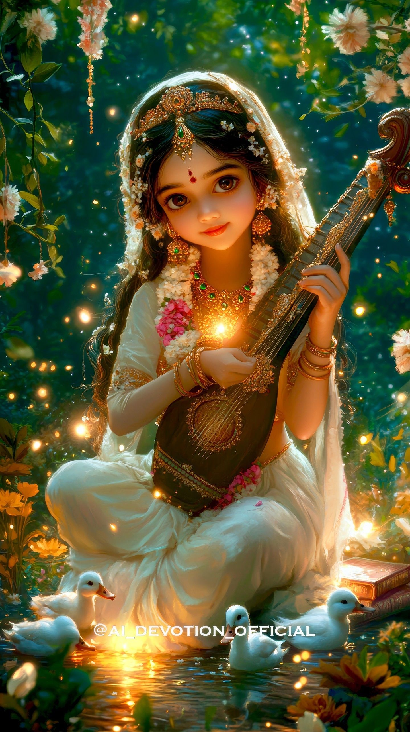 Saraswati Maa with veena and swans
