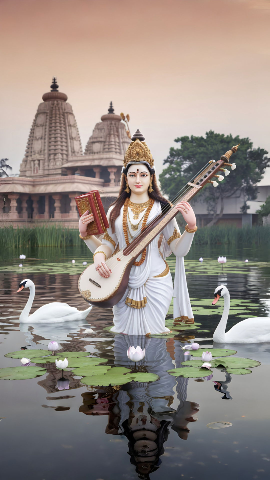 Saraswati Maa with veena and swans