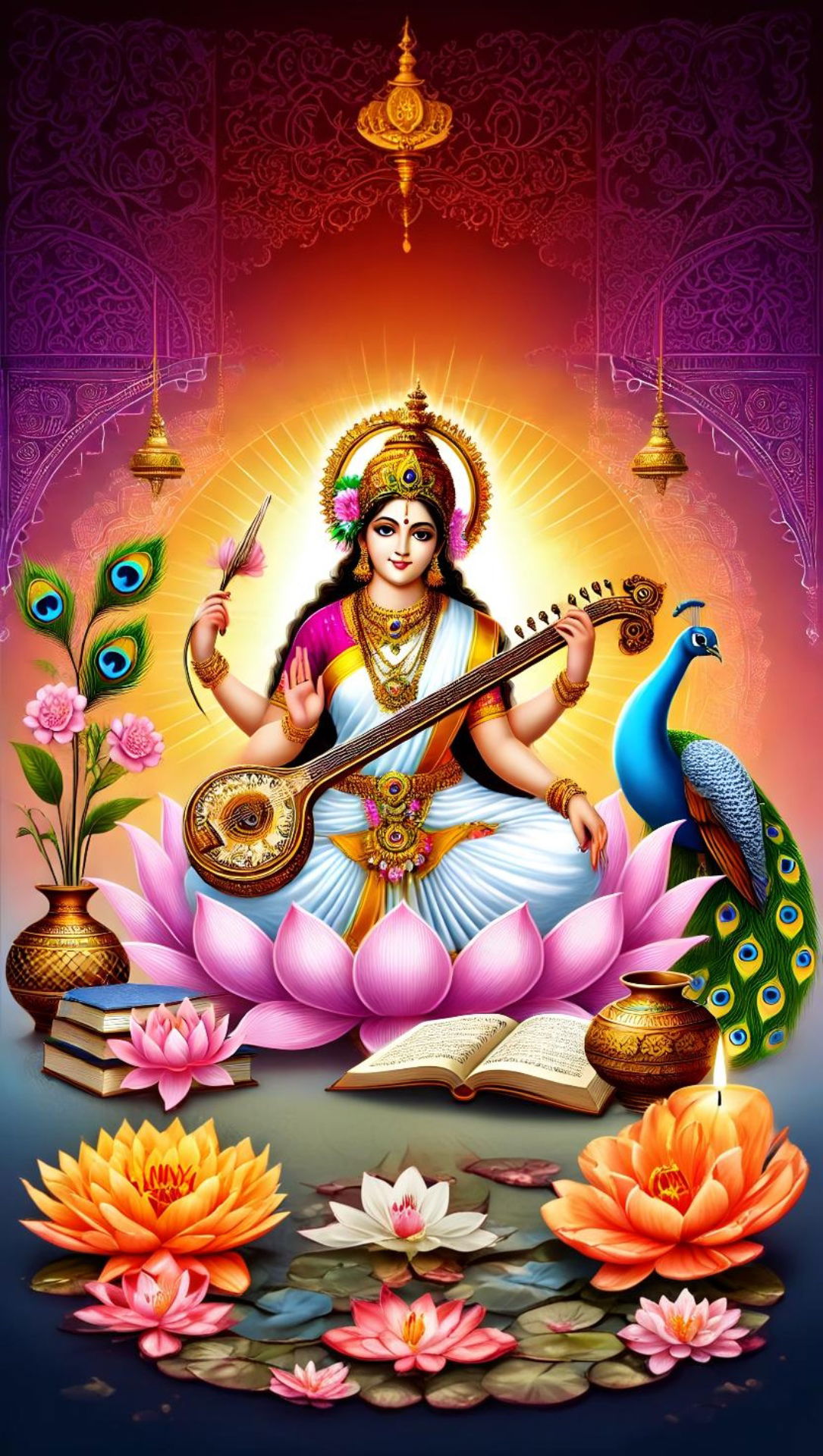 Saraswati Maa with veena and lotus.