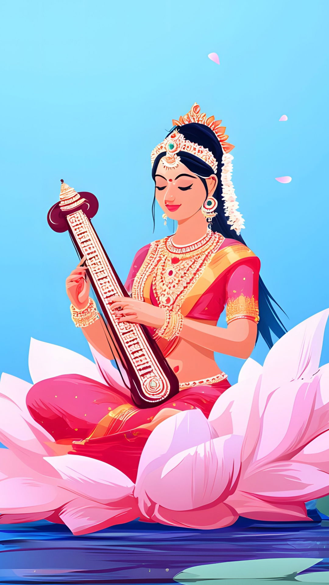 Saraswati Maa playing the veena on lotus.