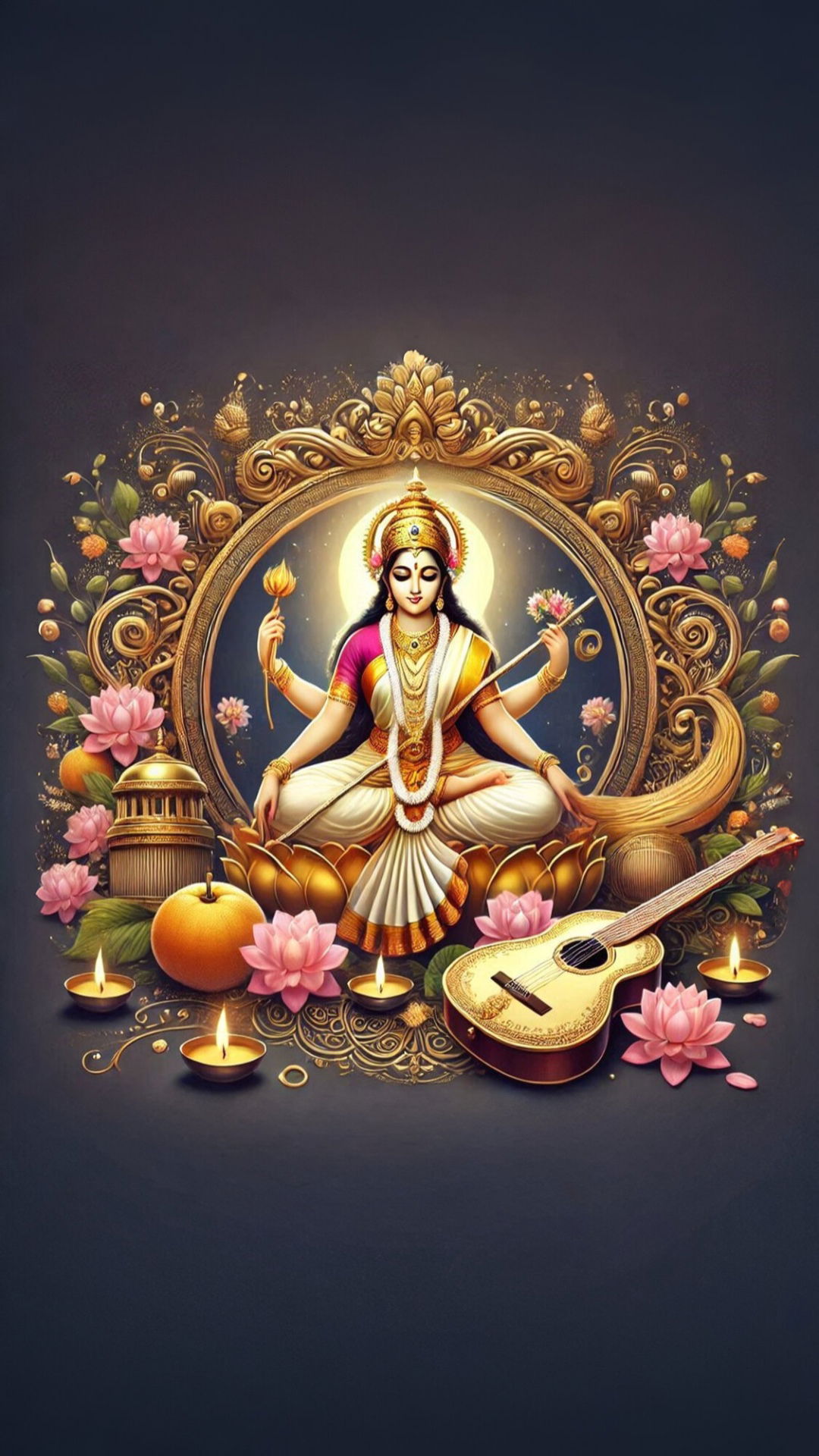 Goddess Saraswati with Veena and Lotus