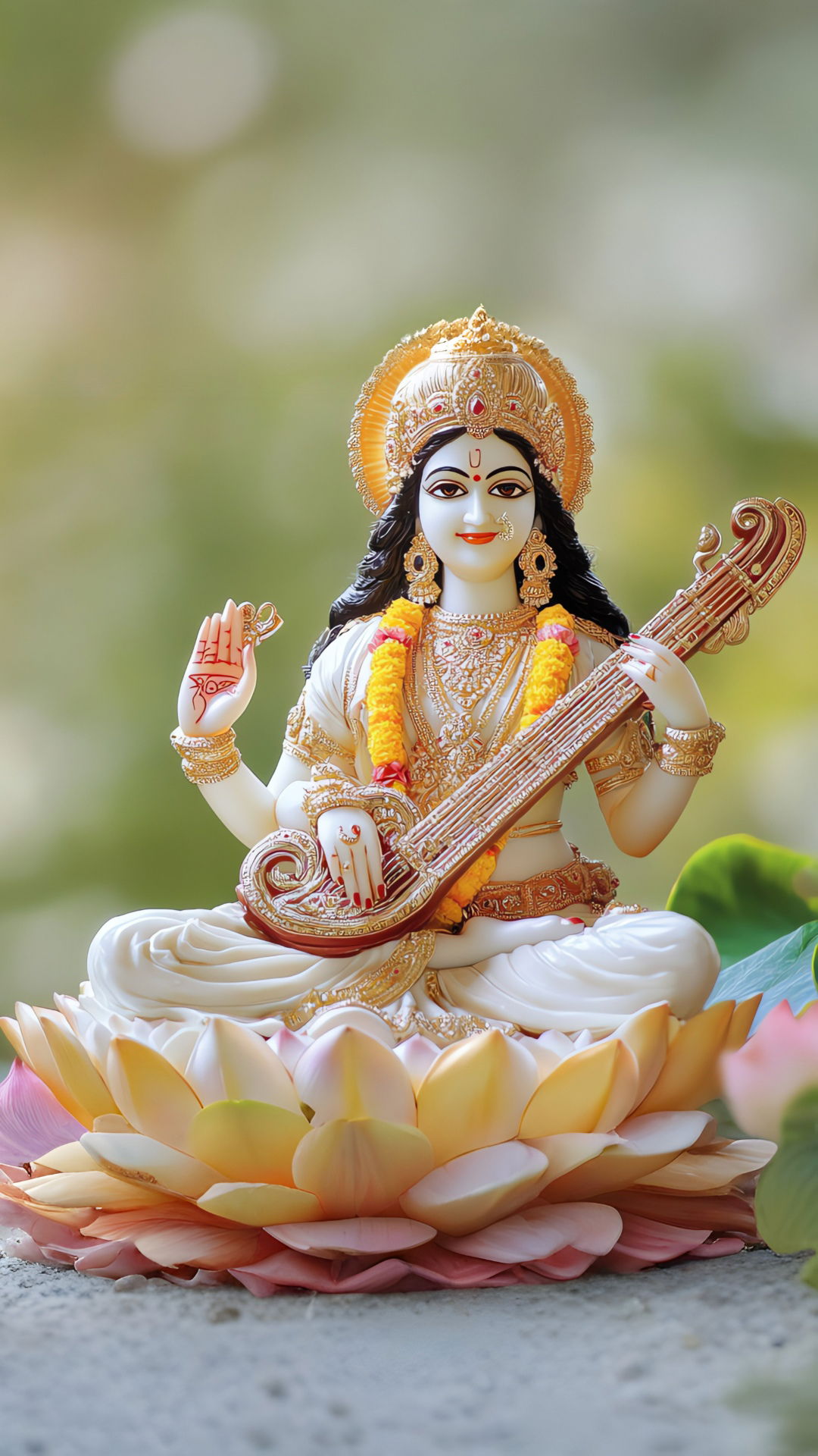 Saraswati Maa seated on lotus playing veena