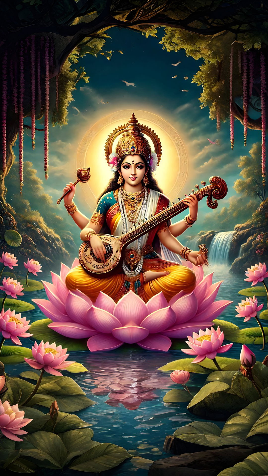Saraswati Maa playing the veena on lotus