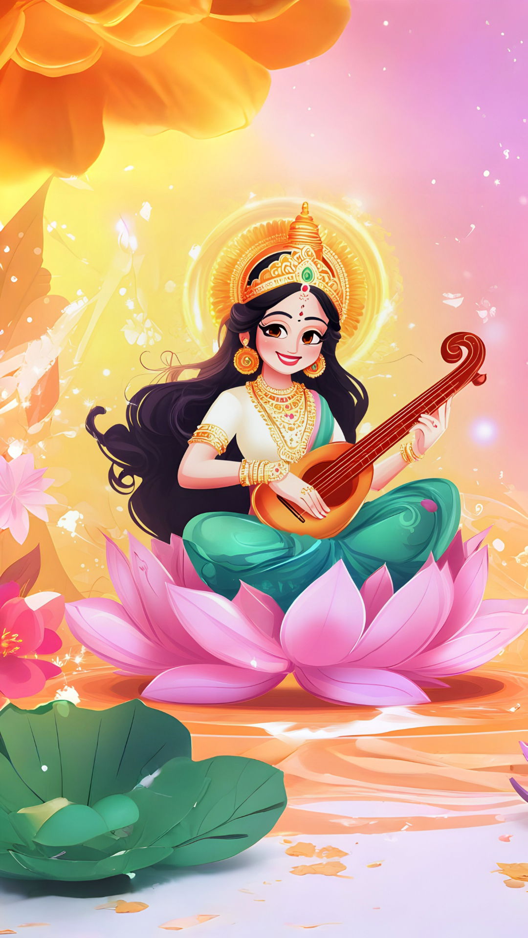Saraswati Maa playing the veena on a lotus