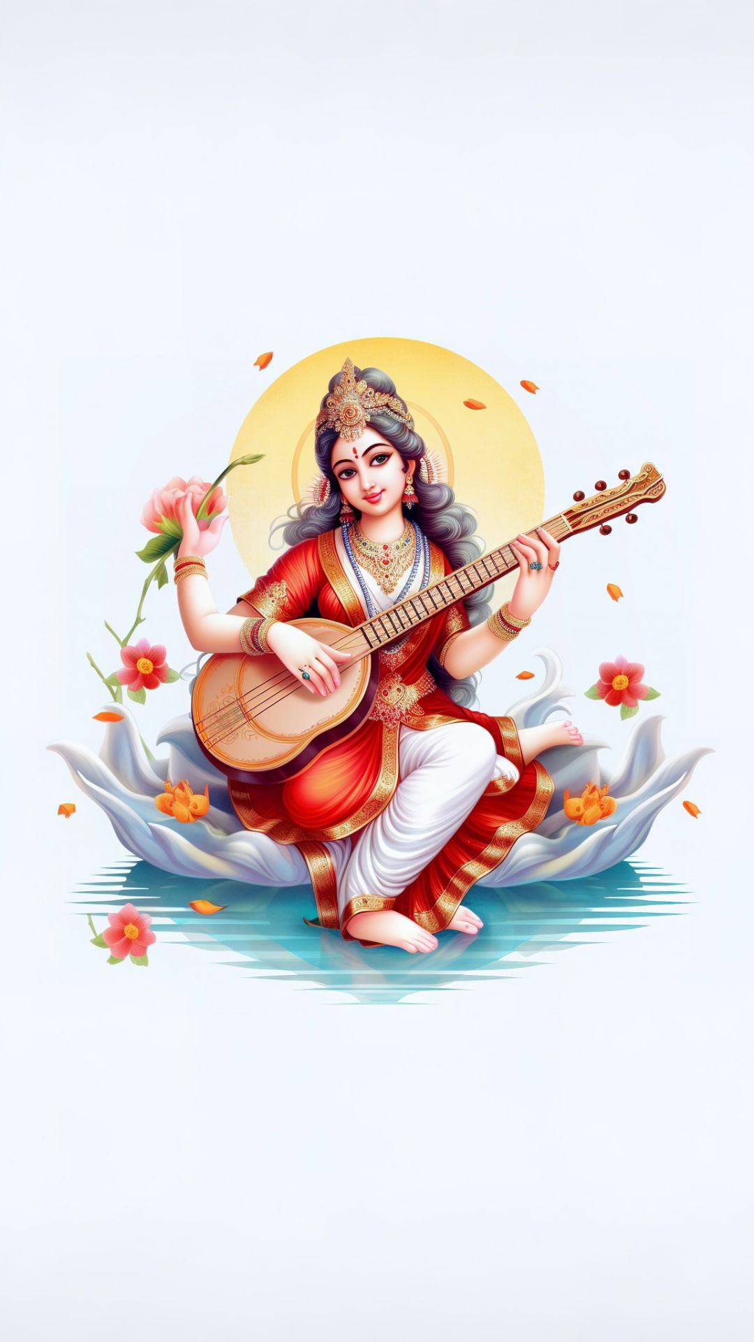 Saraswati Maa playing the veena on lotus