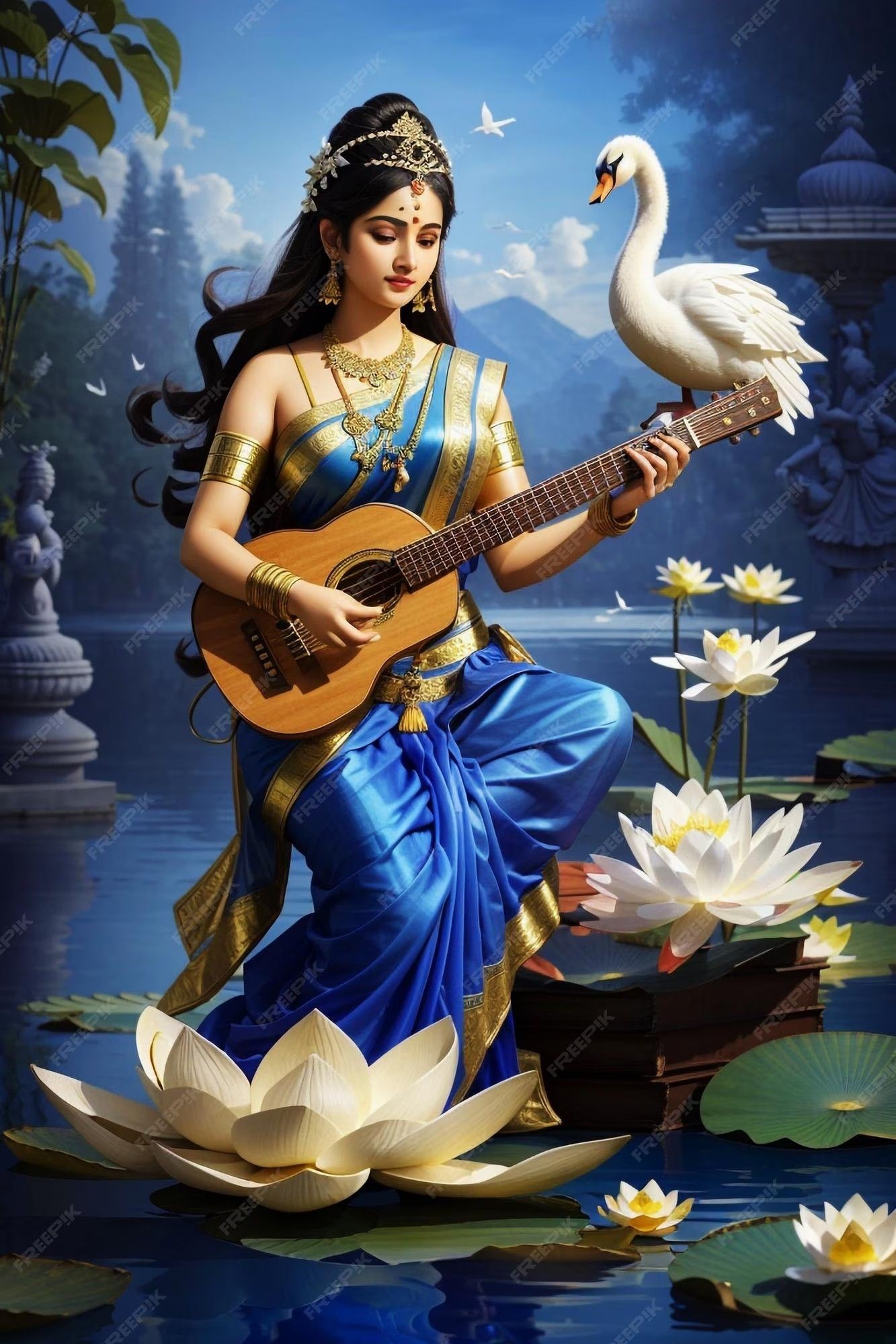 Saraswati Maa playing the veena amongst lotuses.