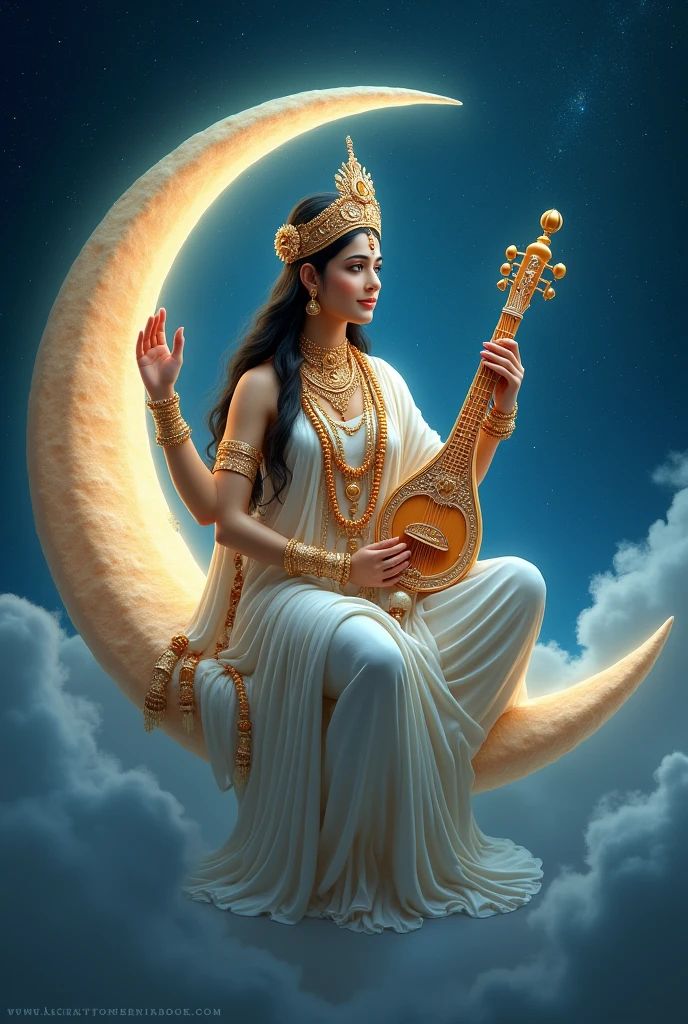Saraswati Maa playing the veena on moon