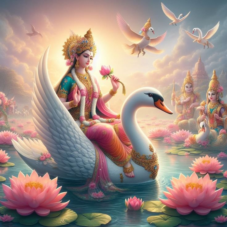 Saraswati Maa on swan with lotus flowers