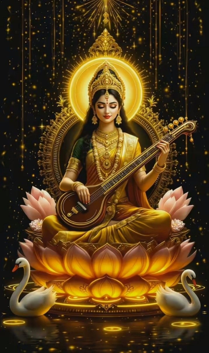 Saraswati Maa playing the Veena on Lotus