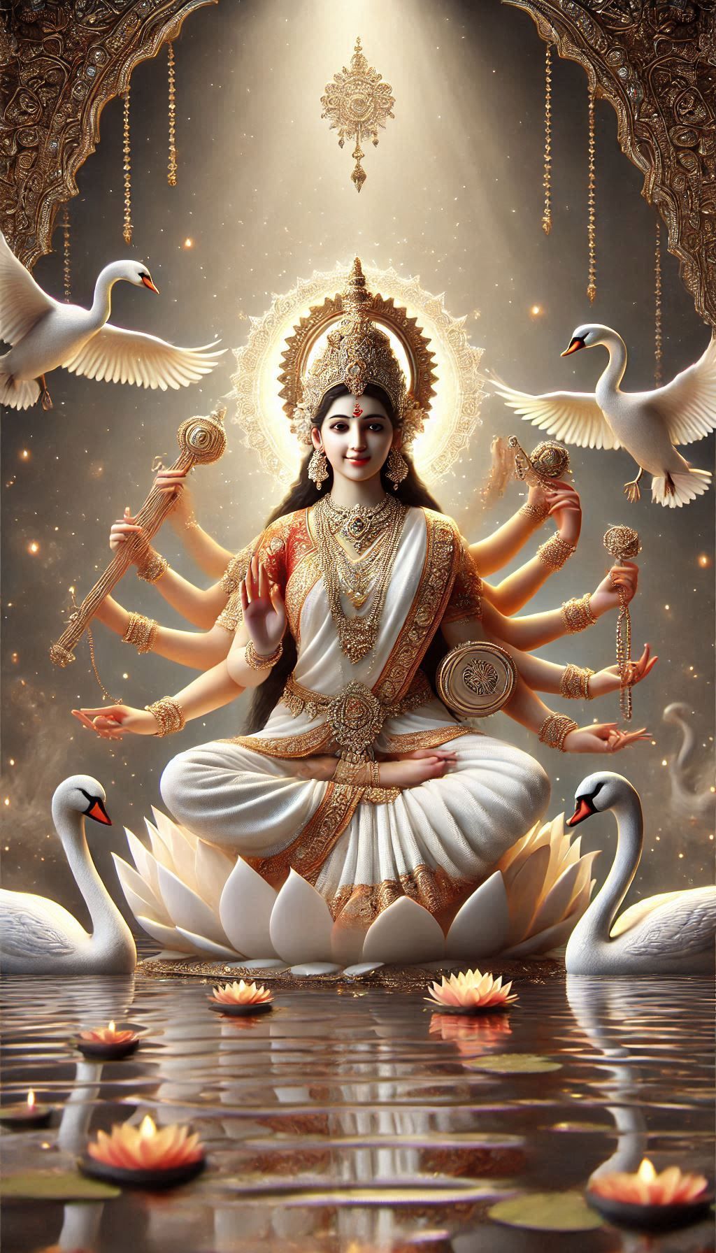 Goddess Saraswati with veena and swans.