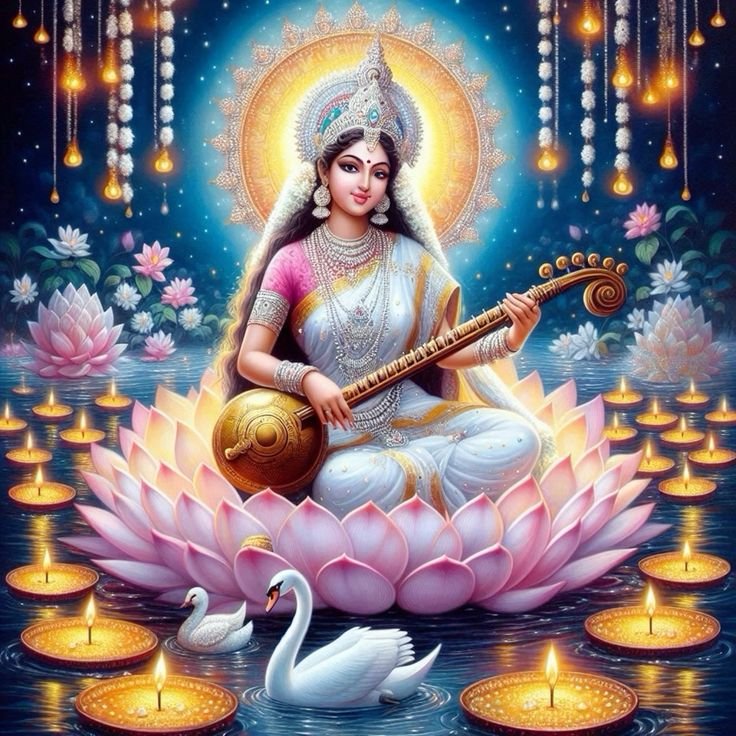 Saraswati Maa playing Veena on Lotus