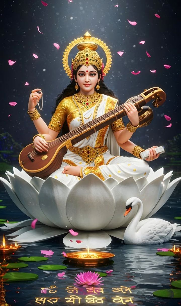 Saraswati Maa playing the veena on lotus