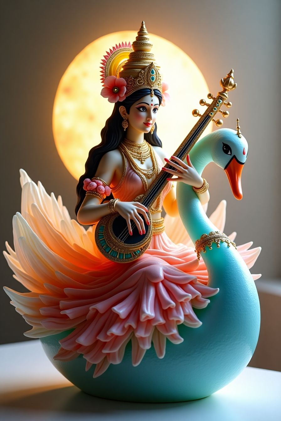 Saraswati Maa with veena and swan