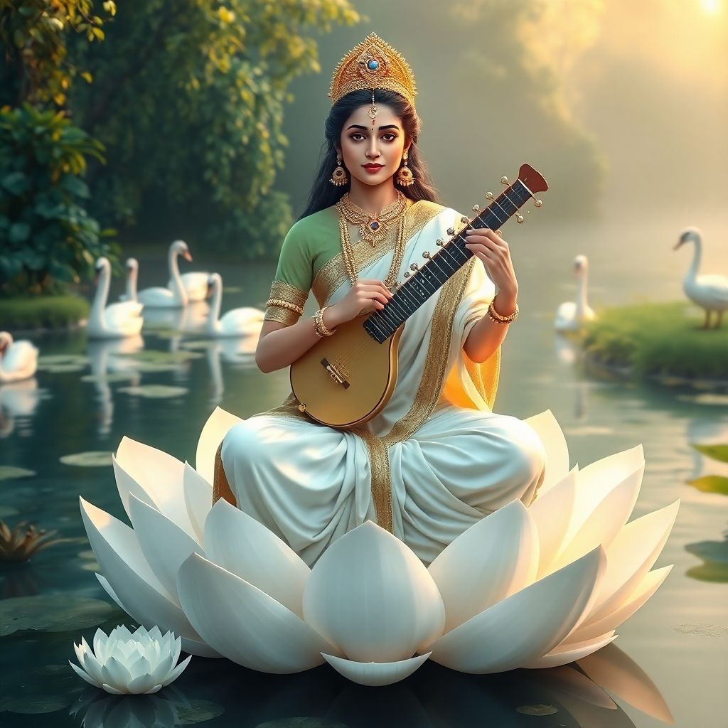 Saraswati Maa playing the veena on lotus