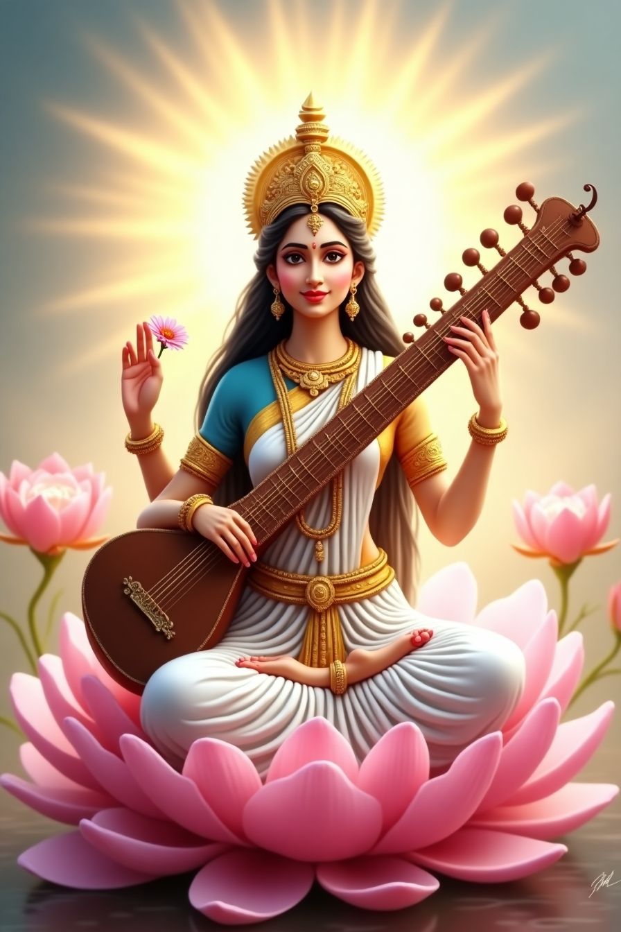 Saraswati Maa playing the veena on lotus