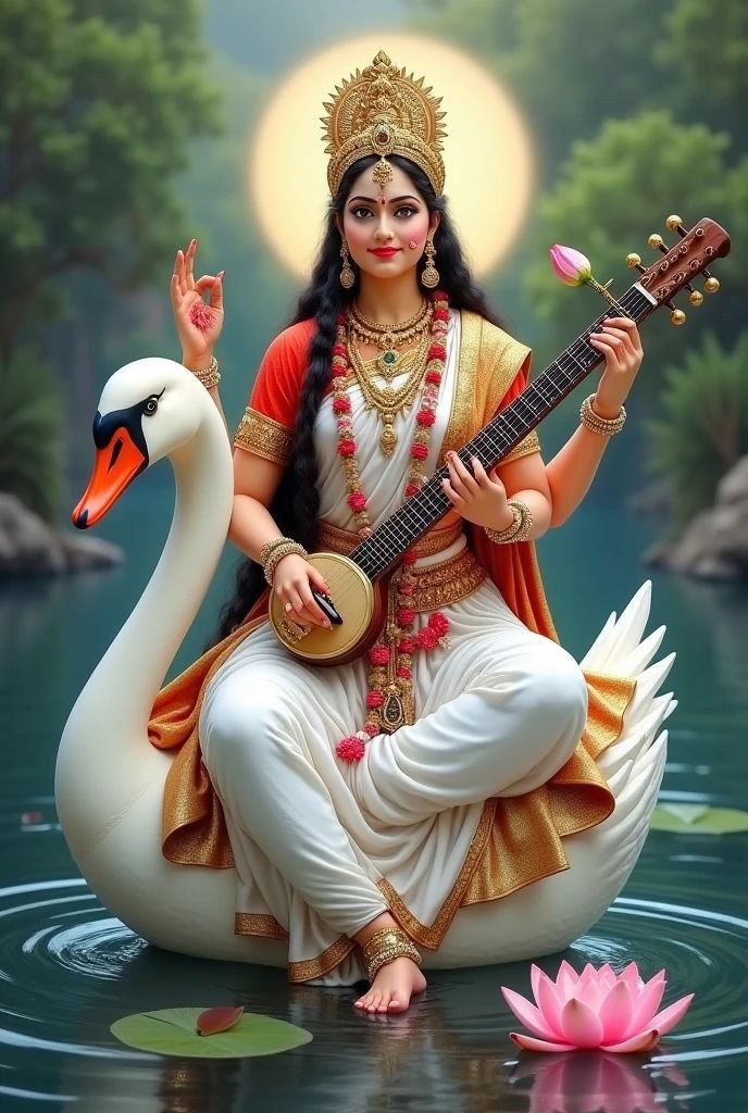 Saraswati Maa with veena and swan