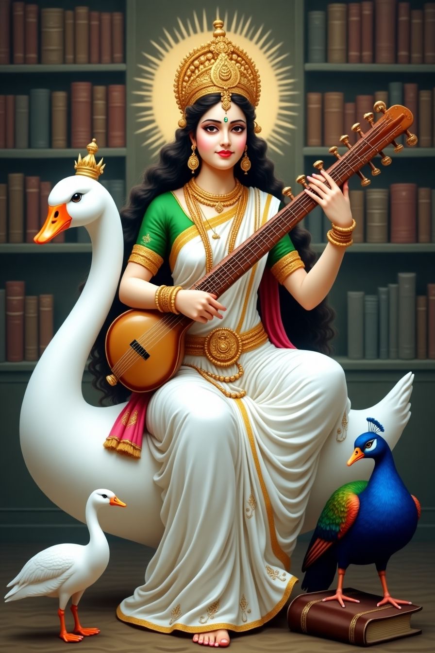 Saraswati Maa with veena and swan