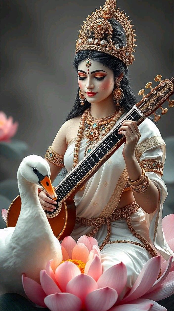 Saraswati Maa playing the veena with swan