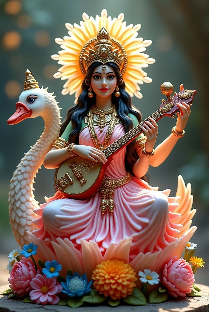 Goddess Saraswati with veena and swan