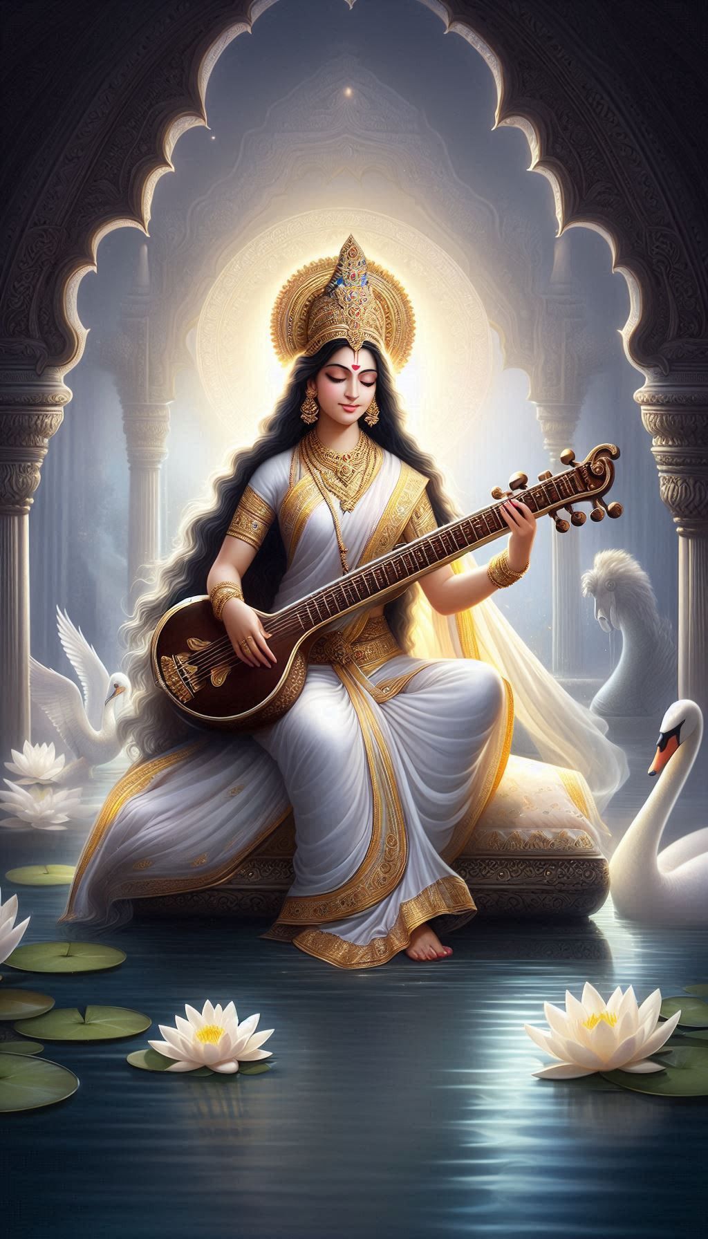 Saraswati Maa playing the Veena, divine image.