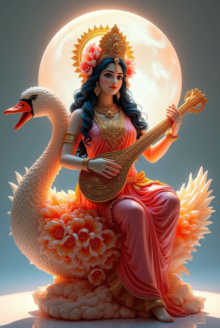 Saraswati Maa playing the veena on swan