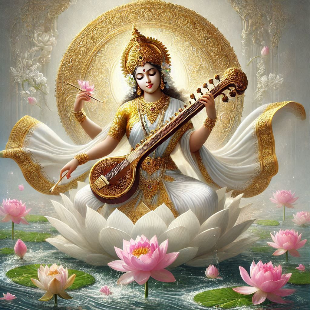 Saraswati Maa playing the Veena on Lotus