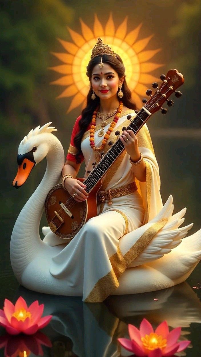 Saraswati Maa playing the veena with swan