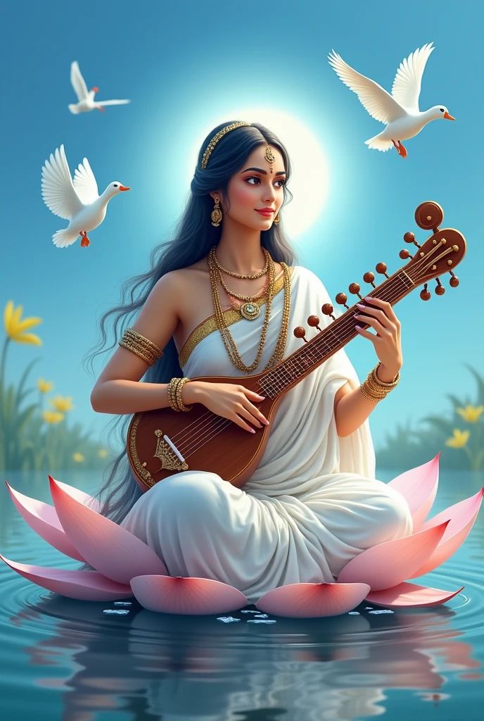 Saraswati Maa playing the veena on lotus