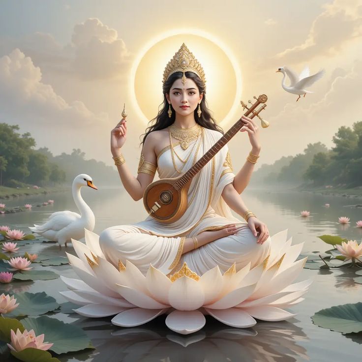 Saraswati Maa playing the veena on lotus