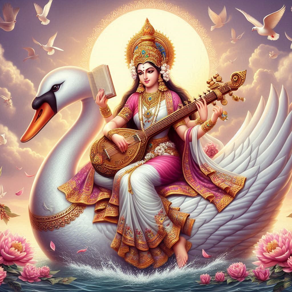Saraswati Maa seated on swan playing veena