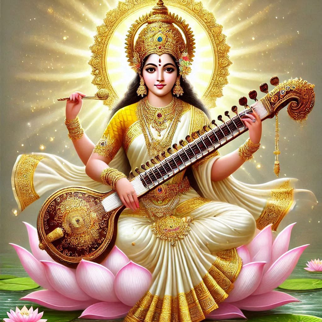 Goddess Saraswati plays the veena beautifully.