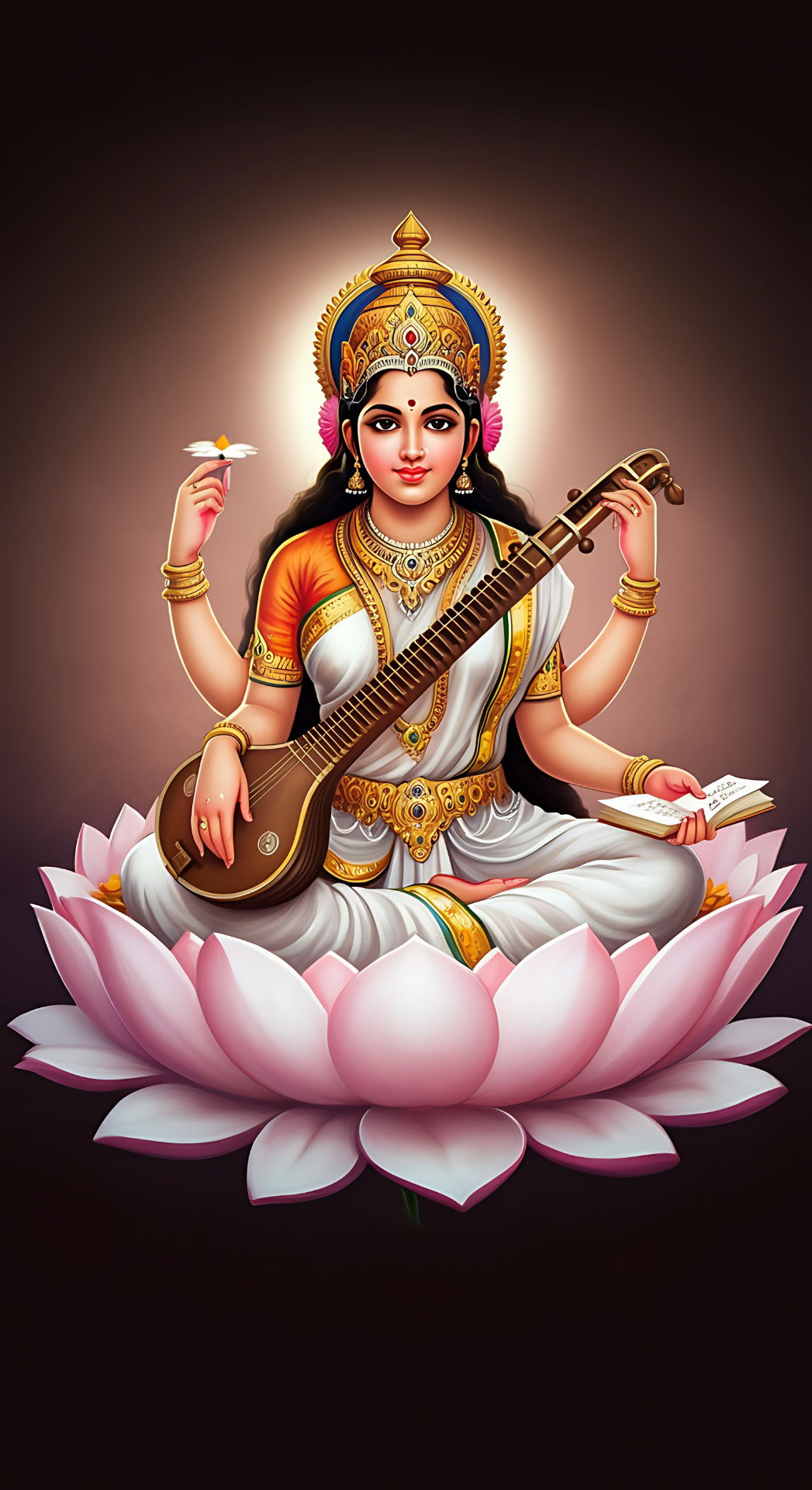 Saraswati Maa playing the veena on lotus