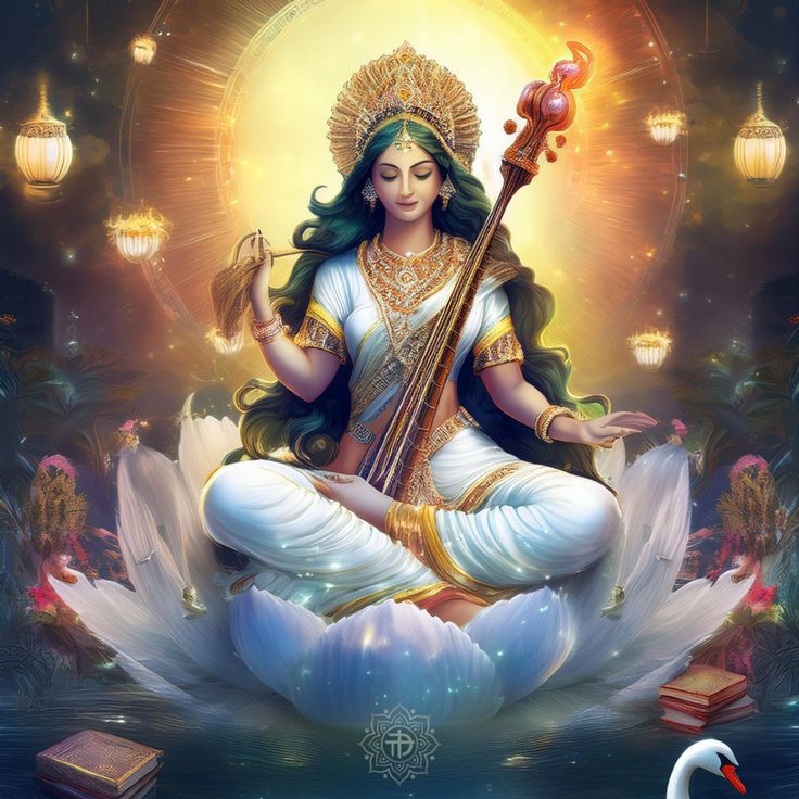 Saraswati Maa playing the Veena on Lotus