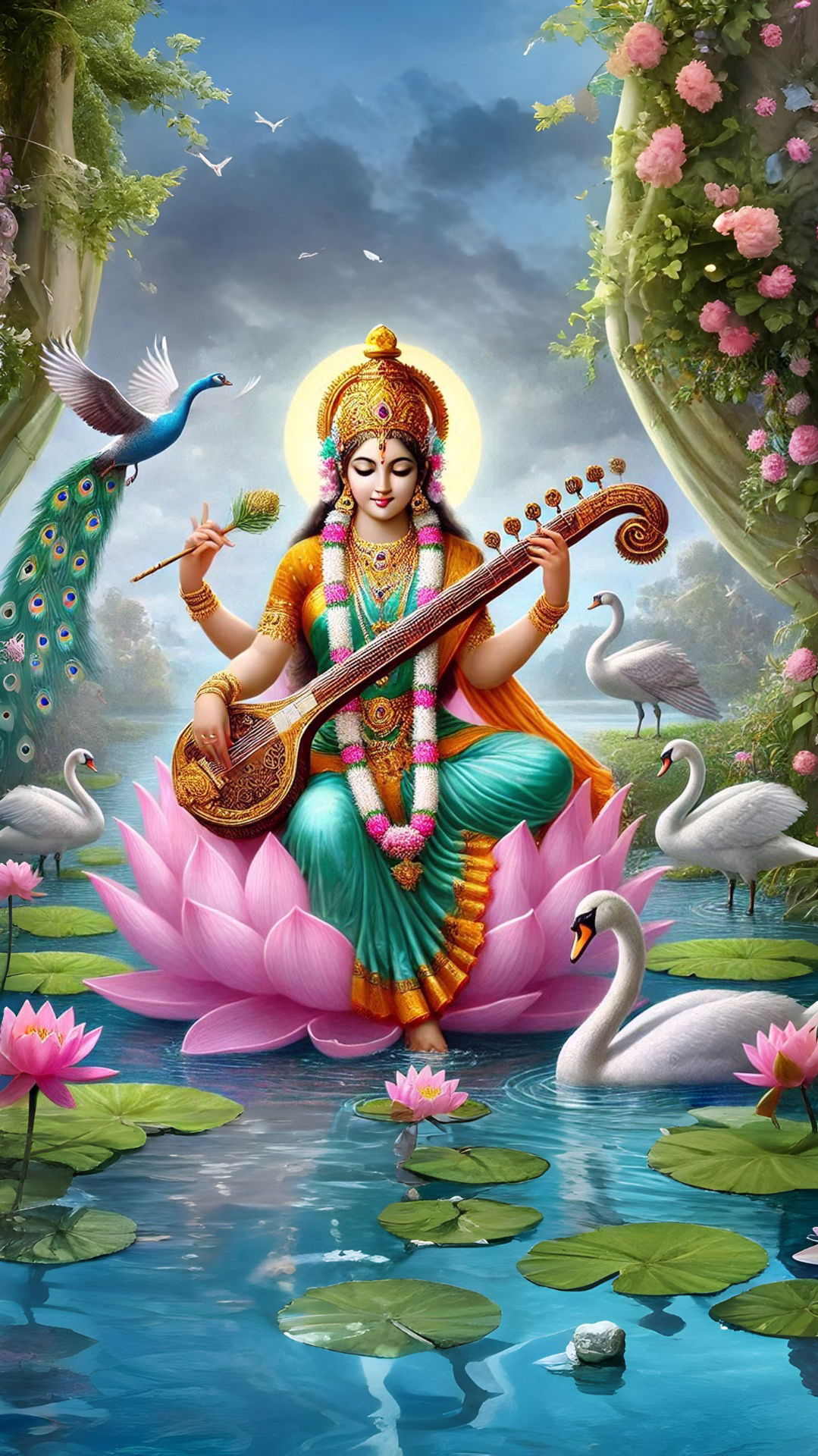 Saraswati Maa playing the veena on lotus