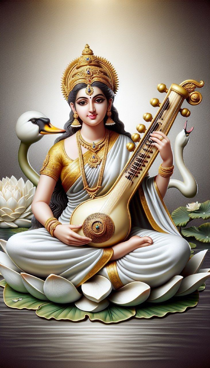 Goddess Saraswati with veena and swan